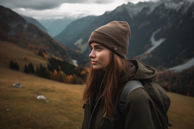 Una donna con un cappello marrone si trova in un campo con le montagne sullo sfondo.