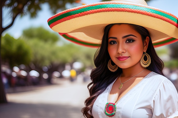 Una donna con un cappello messicano si trova in una strada.