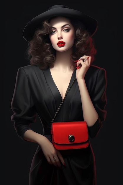 Una donna con un cappello nero e una borsa rossa
