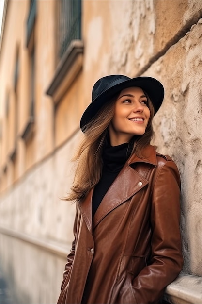 Una donna con un cappello nero si trova in una strada con una giacca di pelle marrone e sorride.