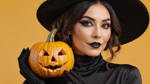 una donna con un cappello nero tiene una zucca che dice Halloween