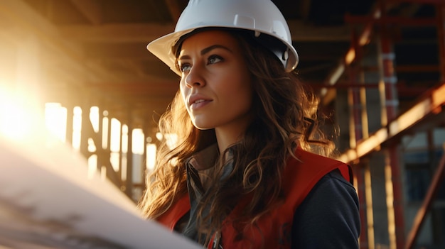 Una donna con un cappello rigido che rivede i documenti in un cantiere