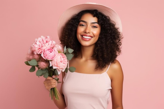 una donna con un cappello rosa che tiene un bouquet di fiori