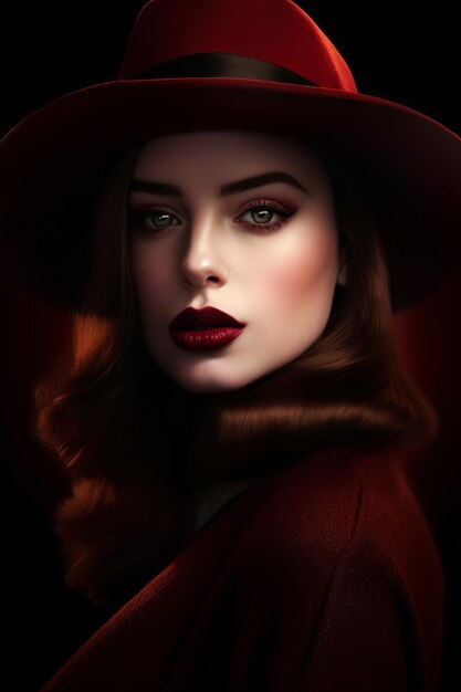 Una donna con un cappello rosso e un rossetto rosso