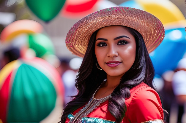 Una donna con un cappello rosso si trova davanti a palloncini colorati.