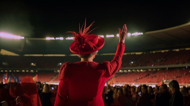 Una donna con un cappello rosso si trova davanti a uno stadio pieno di gente.