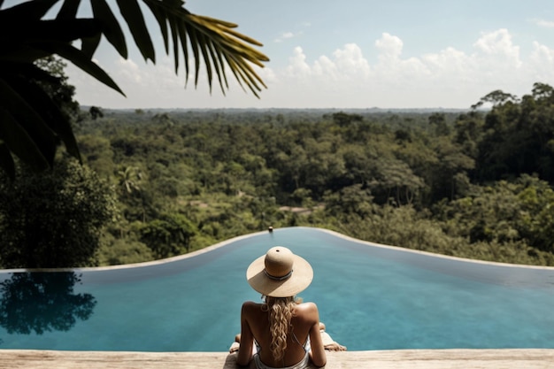 Una donna con un cappello si riposa e si rilassa vicino alla piscina con vista sullo splendido paesaggio