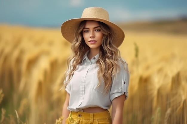 Una donna con un cappello si trova in un campo di grano.