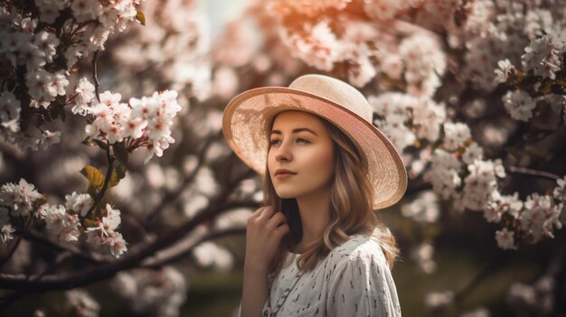 Una donna con un cappello si trova in un giardino fiorito di fiori di ciliegio.