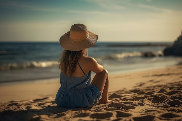 Una donna con un cappello siede su una spiaggia e guarda il mare.