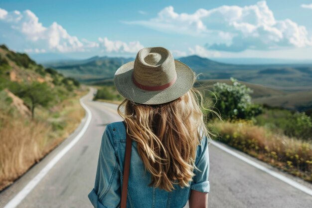 Una donna con un cappello sta camminando per la strada