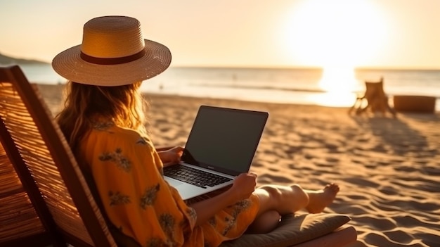 una donna con un cappello sta usando un laptop sulla spiaggia