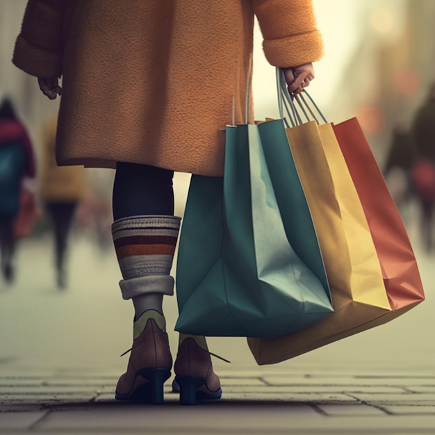 Una donna con un cappotto arancione sta portando borse della spesa in una strada cittadina.