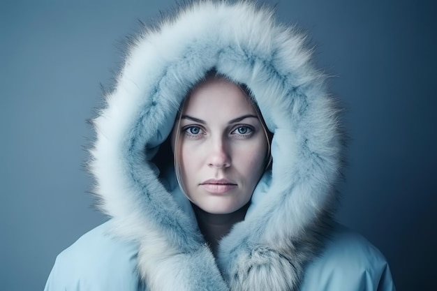 Una donna con un cappotto blu con sopra un cappuccio