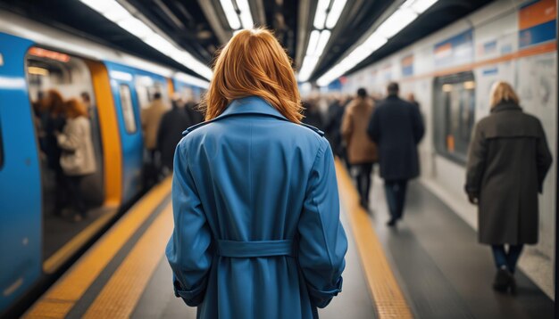 Una donna con un cappotto blu sta aspettando un treno