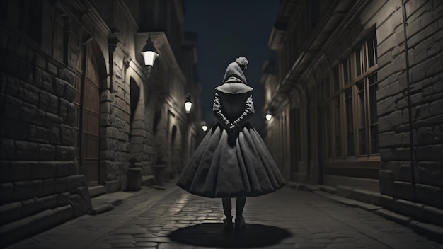 Una donna con un cappotto cammina di notte lungo una strada buia.