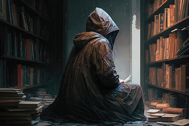 Una donna con un cappotto con cappuccio si siede con la schiena Libreria IA generativa