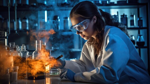 Una donna con un cappotto da laboratorio che conduce esperimenti in un ambiente di laboratorio