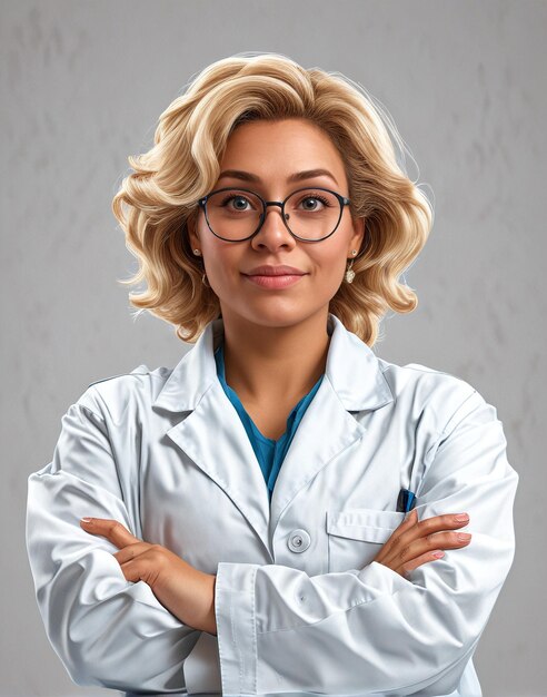 una donna con un cappotto da laboratorio e degli occhiali