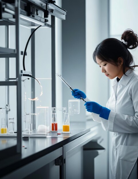 una donna con un cappotto da laboratorio e occhiali da guardia sta lavorando su un microscopio