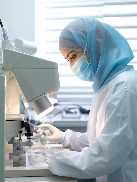 una donna con un cappotto da laboratorio sta guardando un microscopio