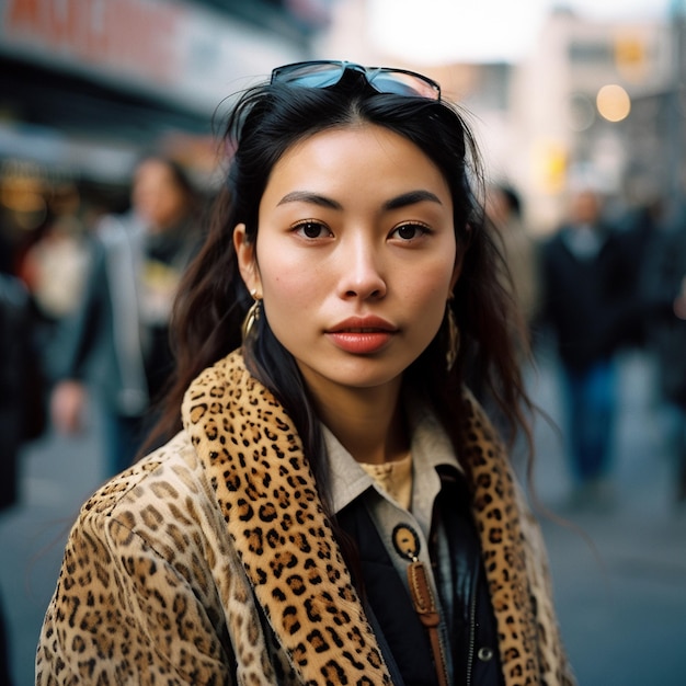 Una donna con un cappotto di leopardo