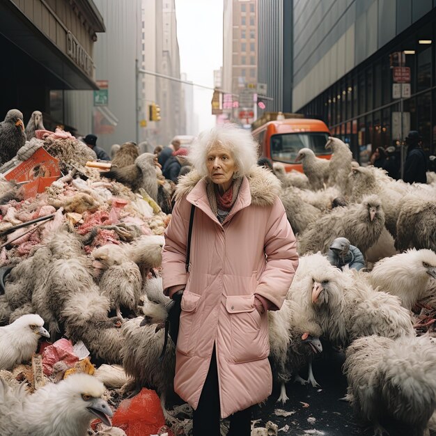 una donna con un cappotto di pelliccia è in piedi davanti a un mucchio di pecore