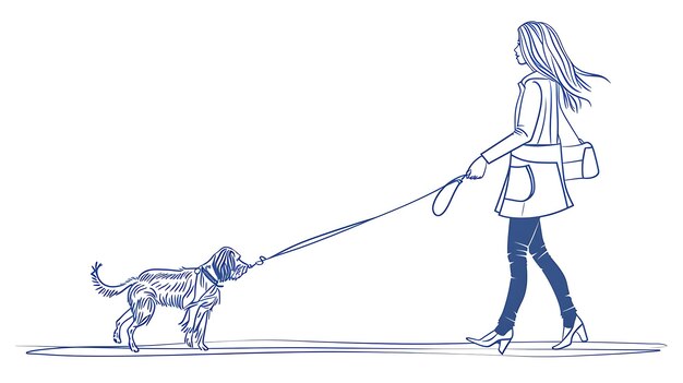 Una donna con un cappotto e tacchi sta passeggiando il suo cane il cane sta tirando il guinzaglio e la donna lo sta guardando