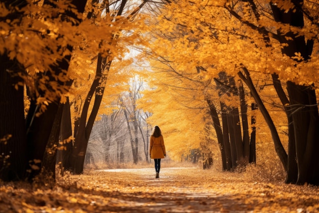 una donna con un cappotto giallo cammina lungo un sentiero in una foresta autunnale