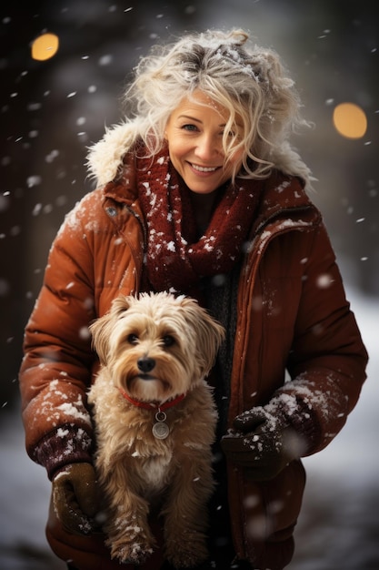 Una donna con un cappotto invernale che tiene in braccio un cane ai