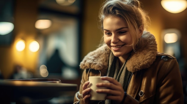 Una donna con un cappotto marrone sta bevendo caffè e sorridendo.