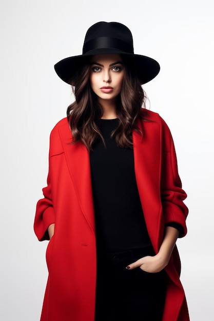 una donna con un cappotto rosso si trova di fronte a uno sfondo bianco