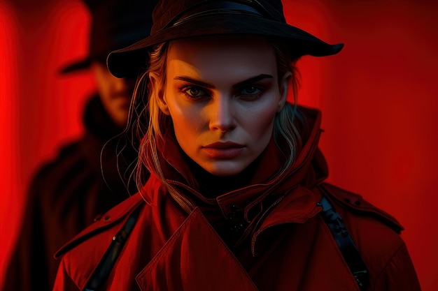 Una donna con un cappotto rosso si trova di fronte a uno sfondo rosso con una luce rossa dietro di lei.