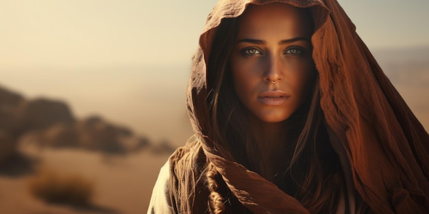 Una donna con un cappuccio è in piedi nel deserto questa immagine può essere usata per raffigurare il mistero della solitudine o l'esplorazione in un paesaggio sterile