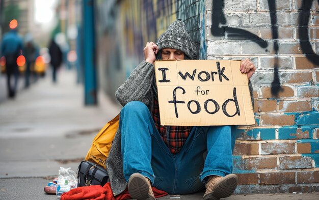 Una donna con un cappuccio e jeans si siede su un marciapiede tenendo un cartello con il testo Io lavoro per il cibo