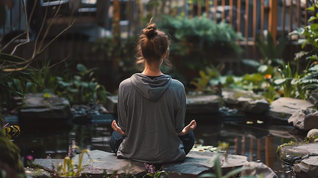 Una donna con un cappuccio grigio si siede su una roccia in un giardino Zen a meditare, ha gli occhi chiusi e le mani appoggiate sulle ginocchia.