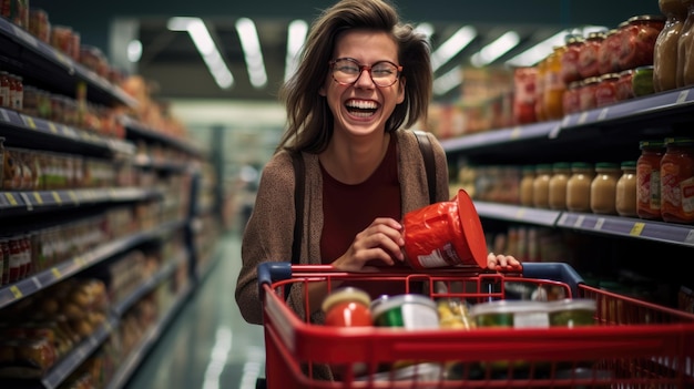 Una donna con un carrello della spesa ride mentre compra generi alimentari al supermercato