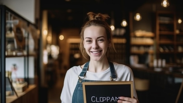 Una donna con un cartello con su scritto tagliacapelli