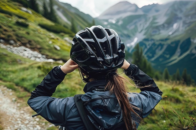 Una donna con un casco che cammina su un sentiero