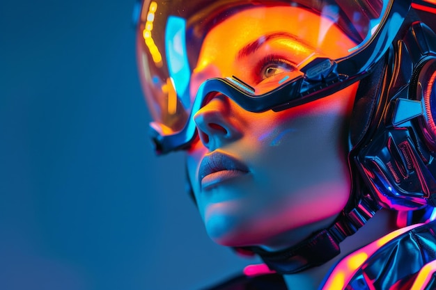 Una donna con un casco futuristico con luci al neon