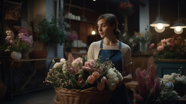 Una donna con un cesto di fiori in un negozio di fiori.