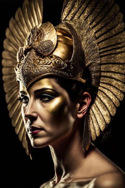 Una donna con un copricapo d'oro e una piuma in testa