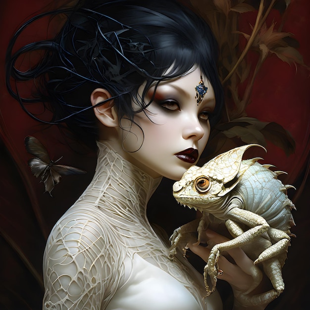 una donna con un drago sulla spalla tiene una piccola creatura