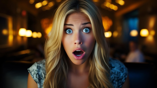 Una donna con un'espressione scioccata che guarda direttamente la telecamera mostrando sorpresa o incredulità