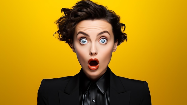 una donna con un'espressione scioccata su uno sfondo giallo creato con la tecnologia generativa ai