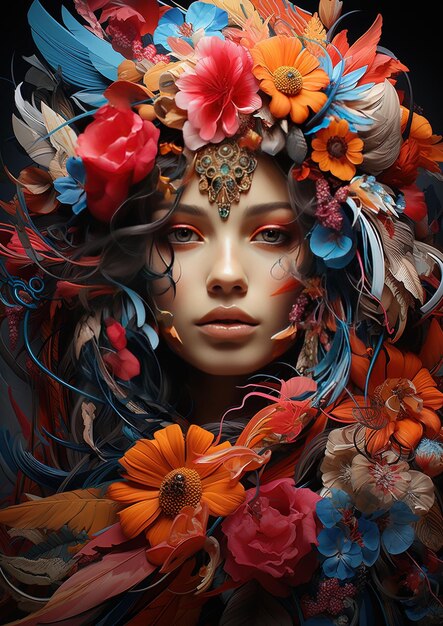 una donna con un fiore sulla testa è mostrata con un dipinto di fiori