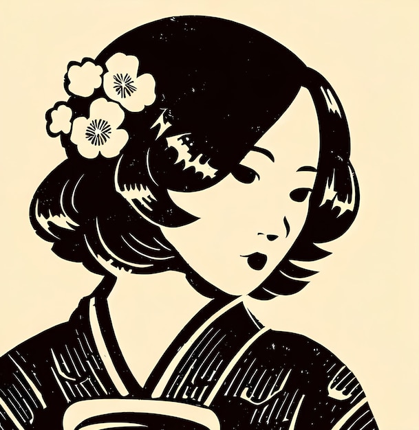 Una donna con un fiore tra i capelli indossa un kimono.