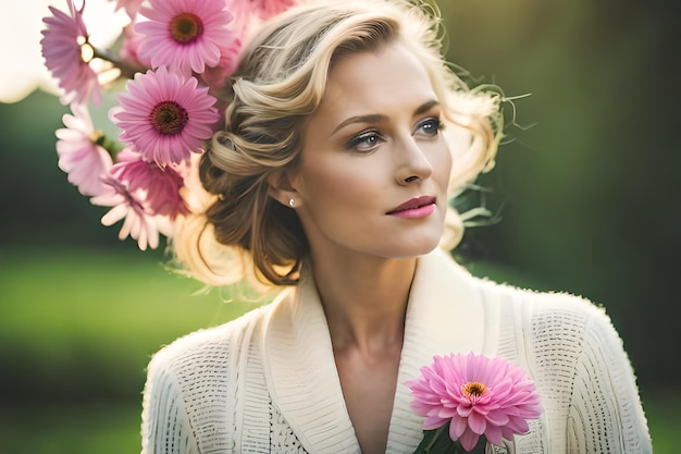 una donna con un fiore tra i capelli