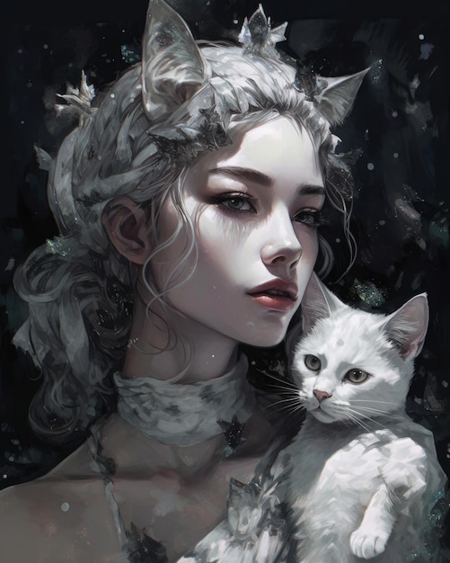 Una donna con un gatto bianco sulla spalla