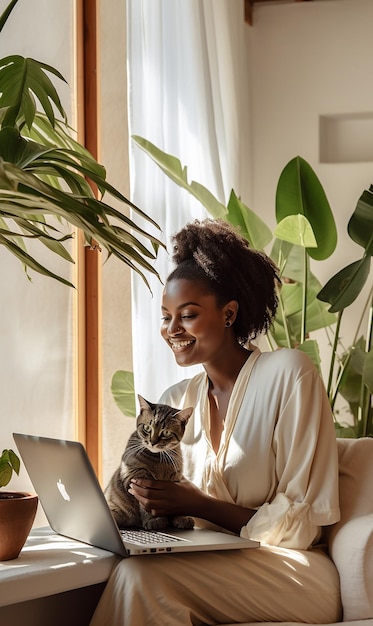 una donna con un gatto e un portatile